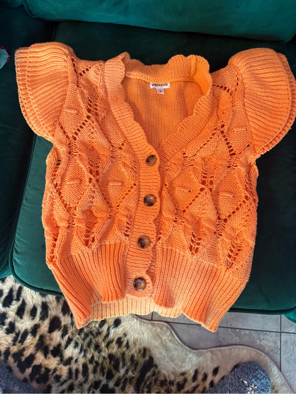 Vigoss Bright Orange Ruffle-Sleeve Open-Knit Button Cardigan